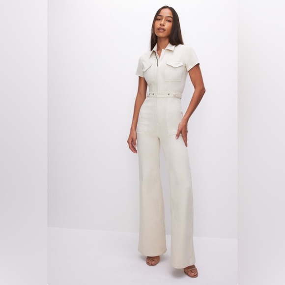 Good American Fit for Success Palazzo Cream Off White Denim Jumpsuit Boiler Suit - Picture 3 of 17